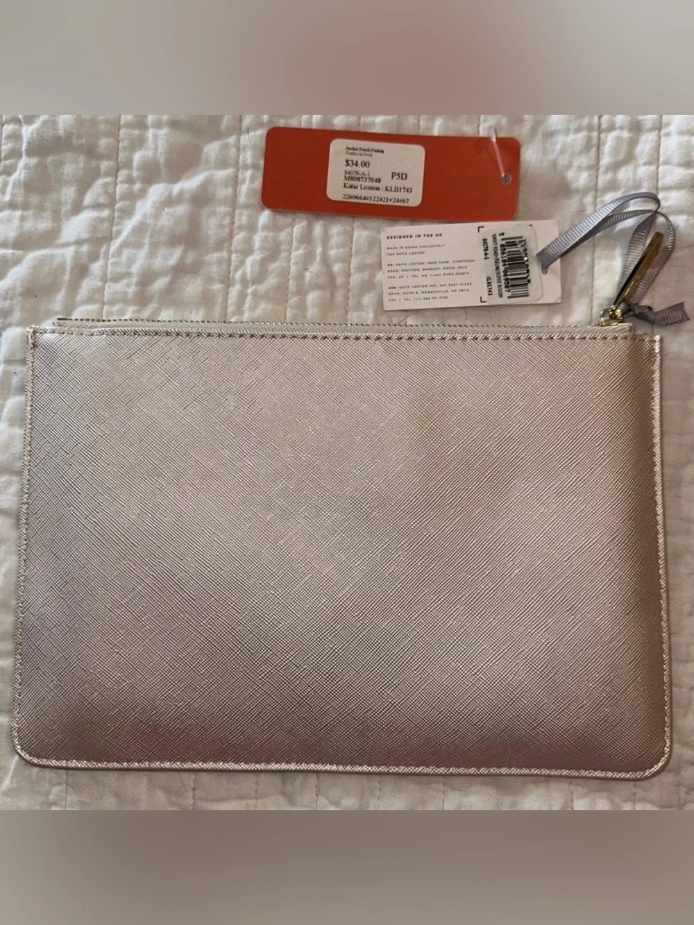 Katie Loxton NWT Perfect Pouch Ivory Gold Saffiano Wristlet Clutch Holiday Bag